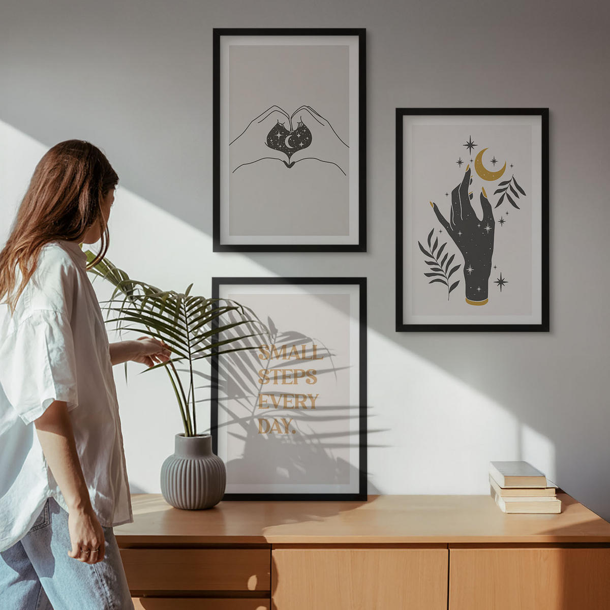 BILDER SET 3er Set - 40x60 cm Schwarzer Rahmen - Minimalistische Boho-Illustrationen - Schwarz, Kunststoff (40/60cm) - TULUP