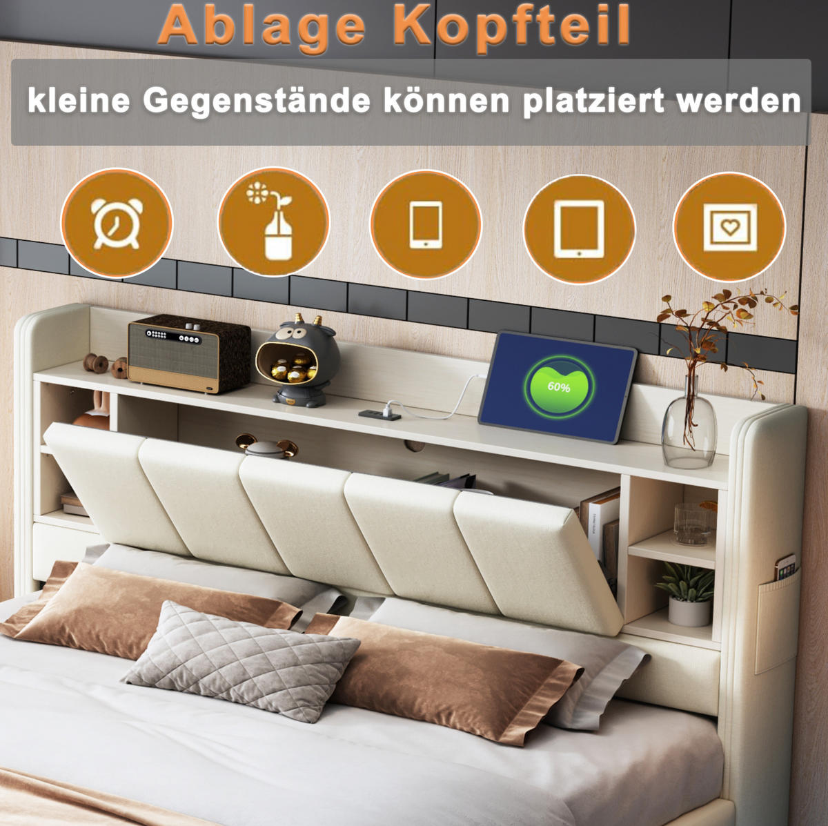 POLSTERBETT 140/200 cm Beige mit USB-Anschluss und LED-Beleuchtung, Wendbares Kopfteil mit Ablagefächern - Beige, Textil (140/200cm) - OKWISH