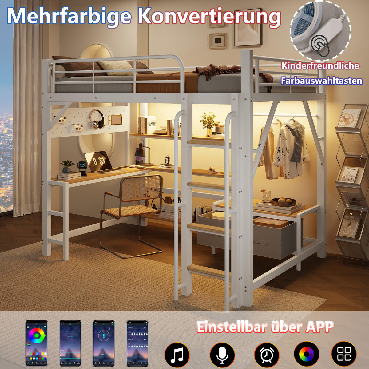 HOCHBETT 140x200cm, Eisen, Lochwand, Regale, Schubladen, Schreibtisch, USB, LED, Geländer, ohne Matratze, Weiß - Weiß, Holzwerkstoff (140/200cm)