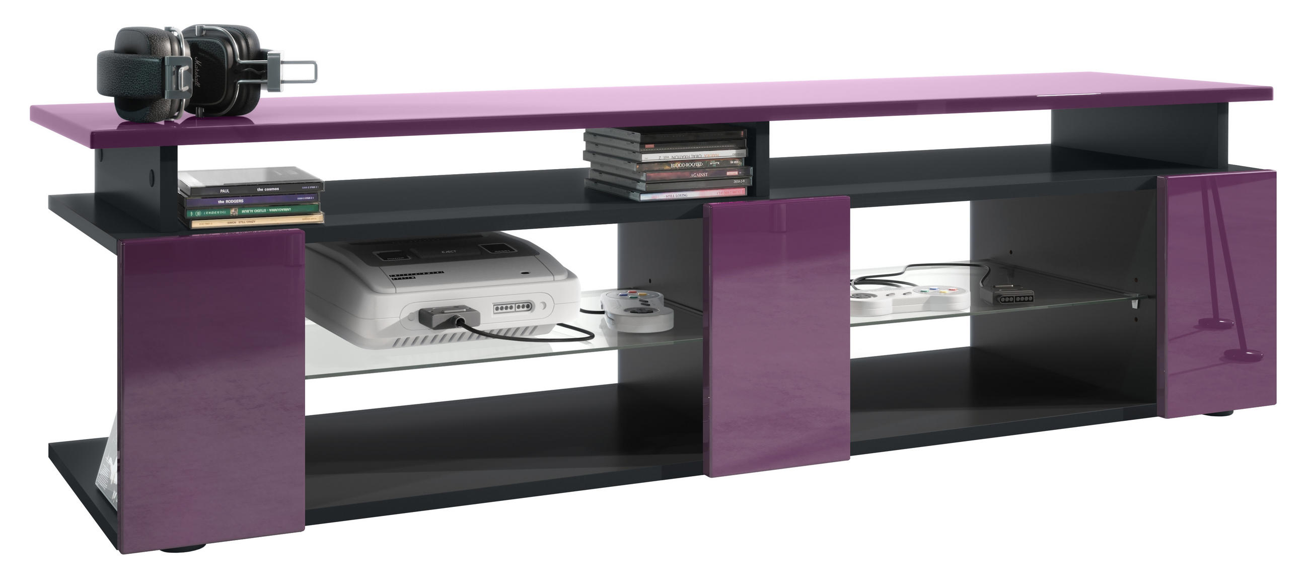 LOWBOARD Movie Fronten und obere Platte des Aufsatzes in Brombeer Hochglanz - Brombeere, Holzwerkstoff (138.5/39/39cm) - Vladon