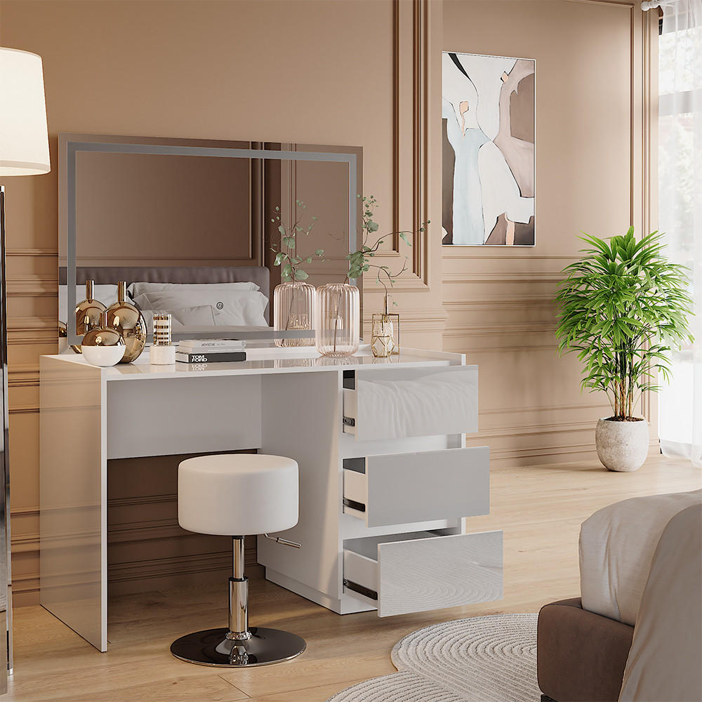 SCHMINKTISCH Marla Weiß Hochglanz 120 cm mit LED-Spiegel und Hocker - Weiß Hochglanz, Holzwerkstoff (120/78.6/60cm) - Vicco