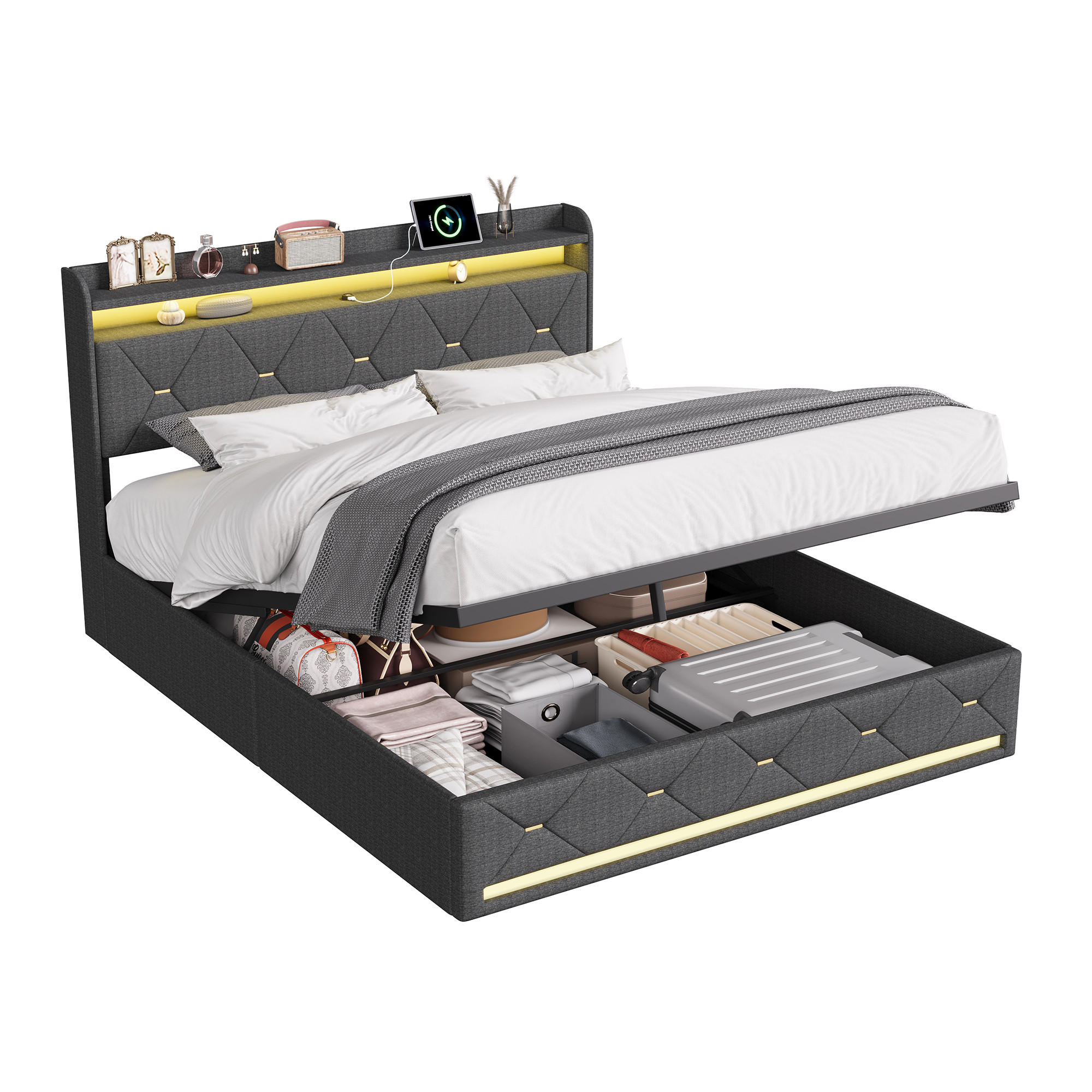 POLSTERBETT 140/200 cm Grau mit hydraulischem Stauraum, LED-Kopfteil mit Ladefunktion und Lattenrost - Grau, Metall (140/200cm) - EuroLiving