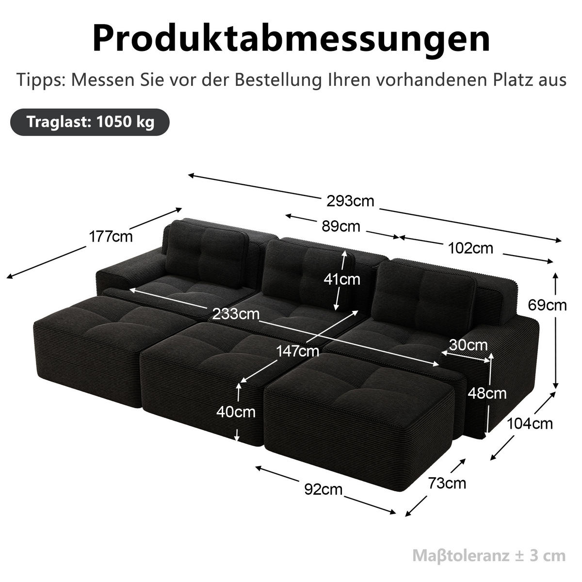 WOHNLANDSCHAFT DE-34189 mit Schlaffunktion und 3 Hockern Schwarz - Schwarz, Textil (177/293cm) - ComfortXL