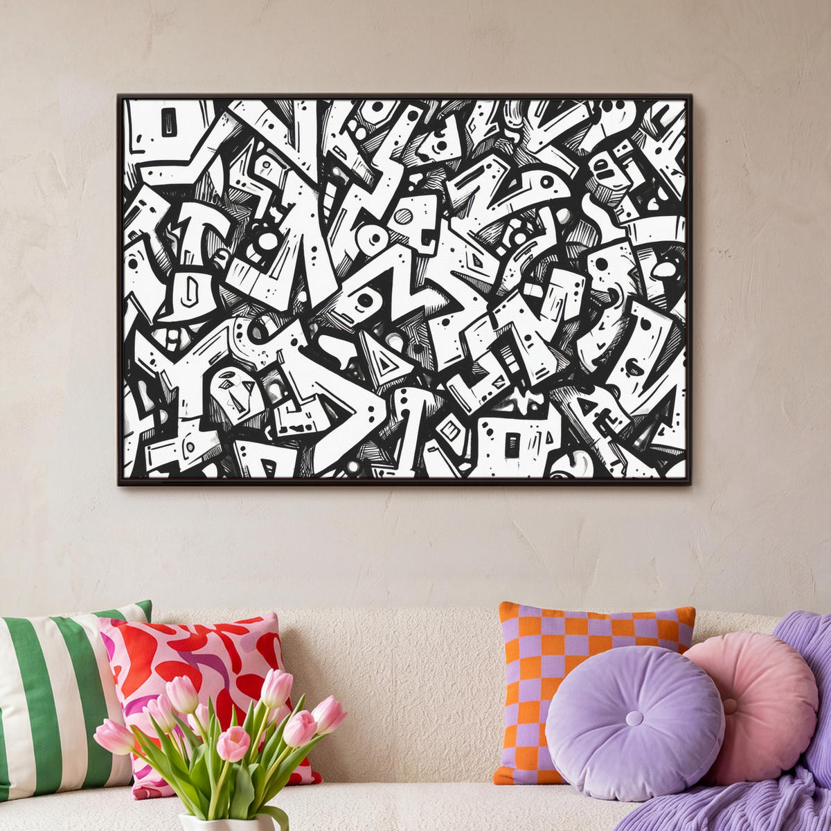 LEINWAND Bilder mit Rahmen - Formen - Buchstaben - Graffiti - Schwarz - 90x60 - Schwarz, Textil (90/60cm) - MuchoWow