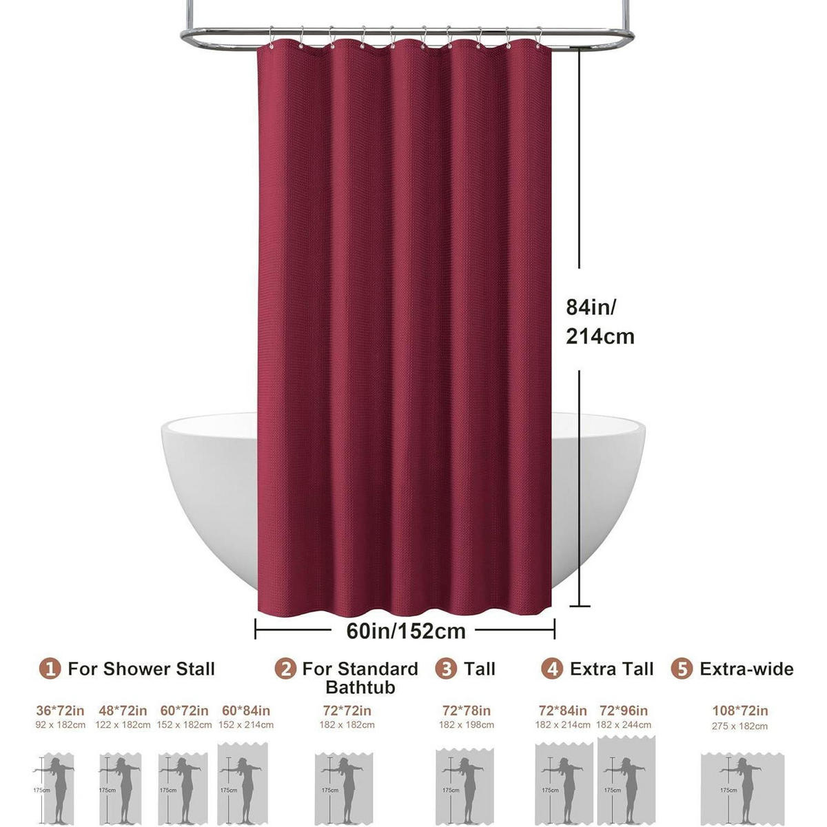 DUSCHVORHANG Waffelstoff Burgunderrot 152 x 214 cm - Bordeaux, Textil (152/214cm)