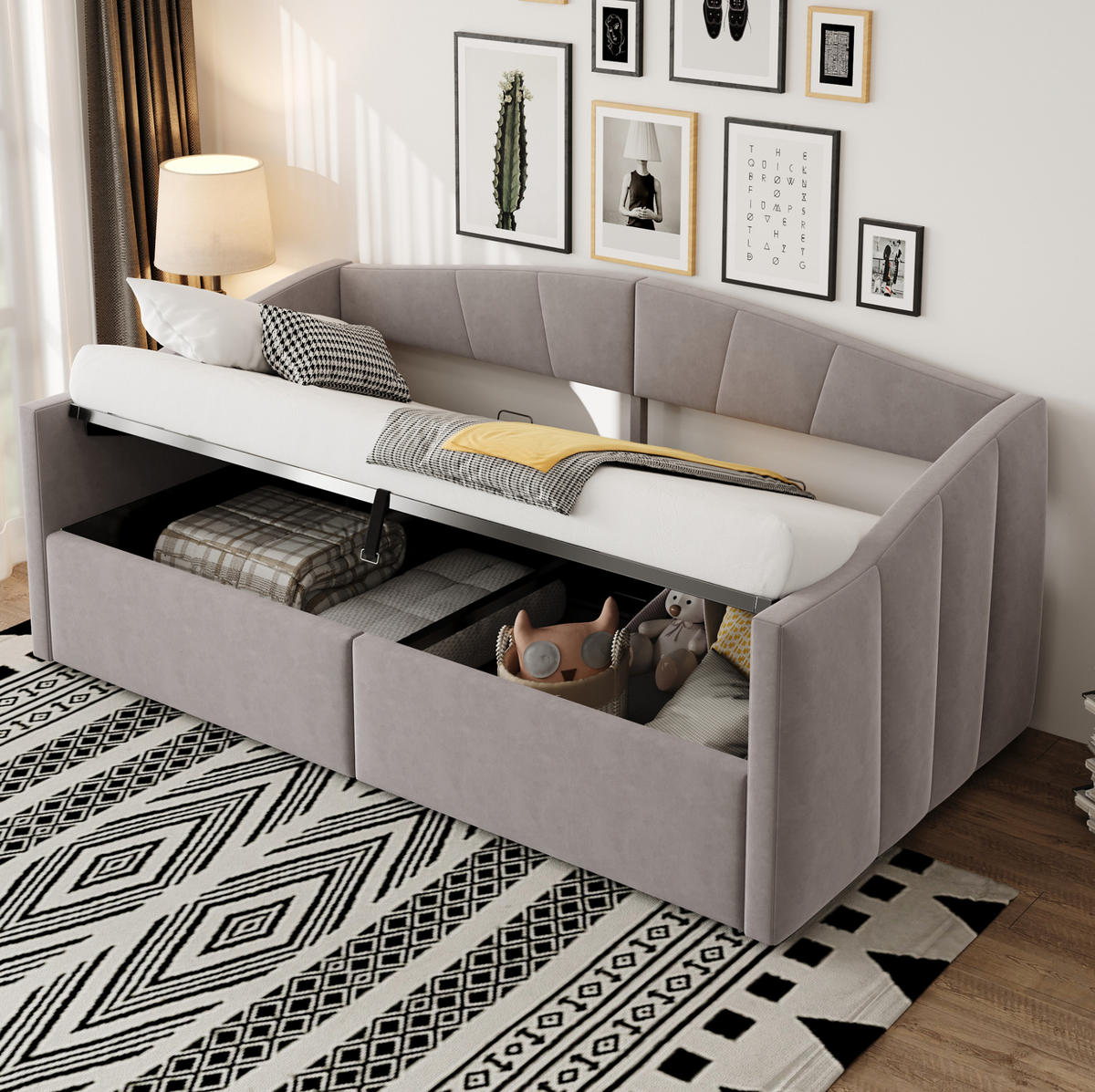 ČALÚNENÁ posteľ z velúru 90x200 cm svetlosivá s hydraulickým úložným priestorom a lamelovým roštom - svetlosivá, textil (90/200cm) - Modfu