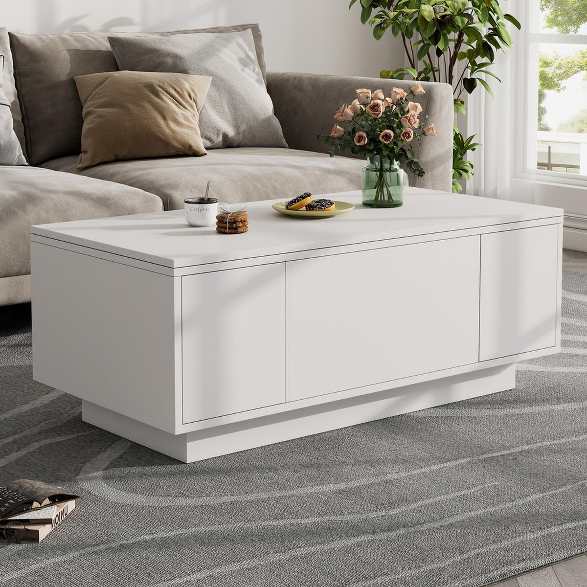 COUCHTISCH Doppel-Hebemechanismus Weiß Versteckter Stauraum 50kg Belastbar - Weiß, Holz (109/61/9.5cm) - FLIEKS