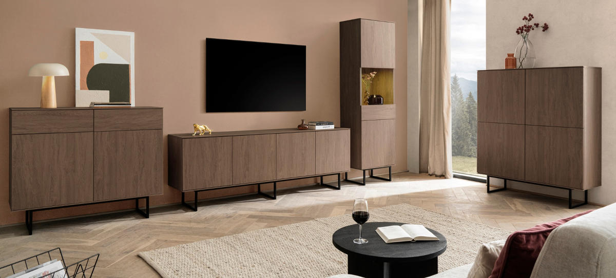 WOHNWAND in Nussbaum 3-teilig 400 cm, Komplett-Set mit Push-to-Open - Nussbaumfarben/Schwarz, Glas/Holzwerkstoff (400/200/40cm) - Furn.Design