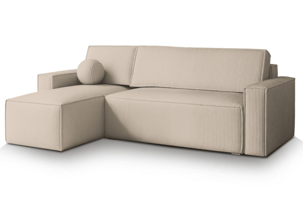 ECKSOFA RAVELO P Creme Kordstoff mit Schlaffunktion - Creme, Holz (240/140cm) - MASSENO