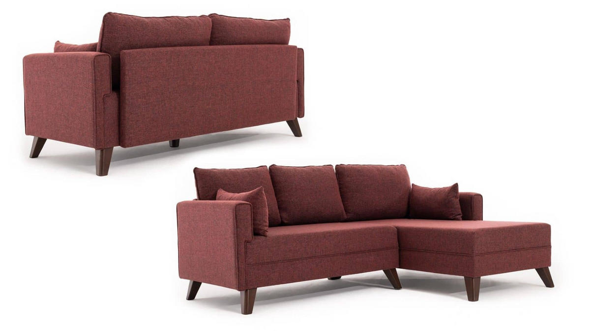 ECKSOFA mit Hocker als Schlaffläche, perfekt für kleine Räume - Rot/Braun, Holz/Kunststoff (140/205cm) - myHomelando