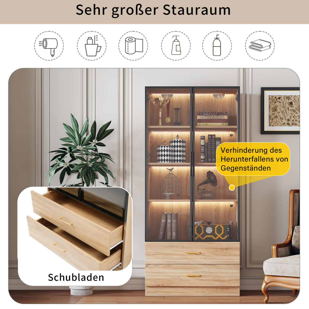 VITRINE 75 cm aus MDF mit Lichtleiste und Glastür Braun - Braun, Holzwerkstoff (75/170/34.5cm) - Modenvie