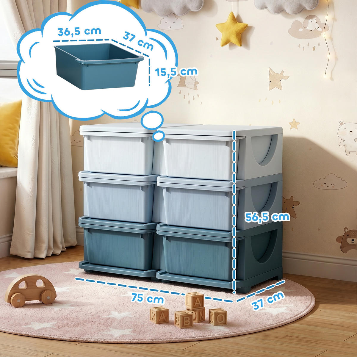 SPIELZEUGKISTE DE-09537 3 Schubladen mit Sitzfläche Blau - Blau, Kunststoff (37/75cm) - ComfortXL