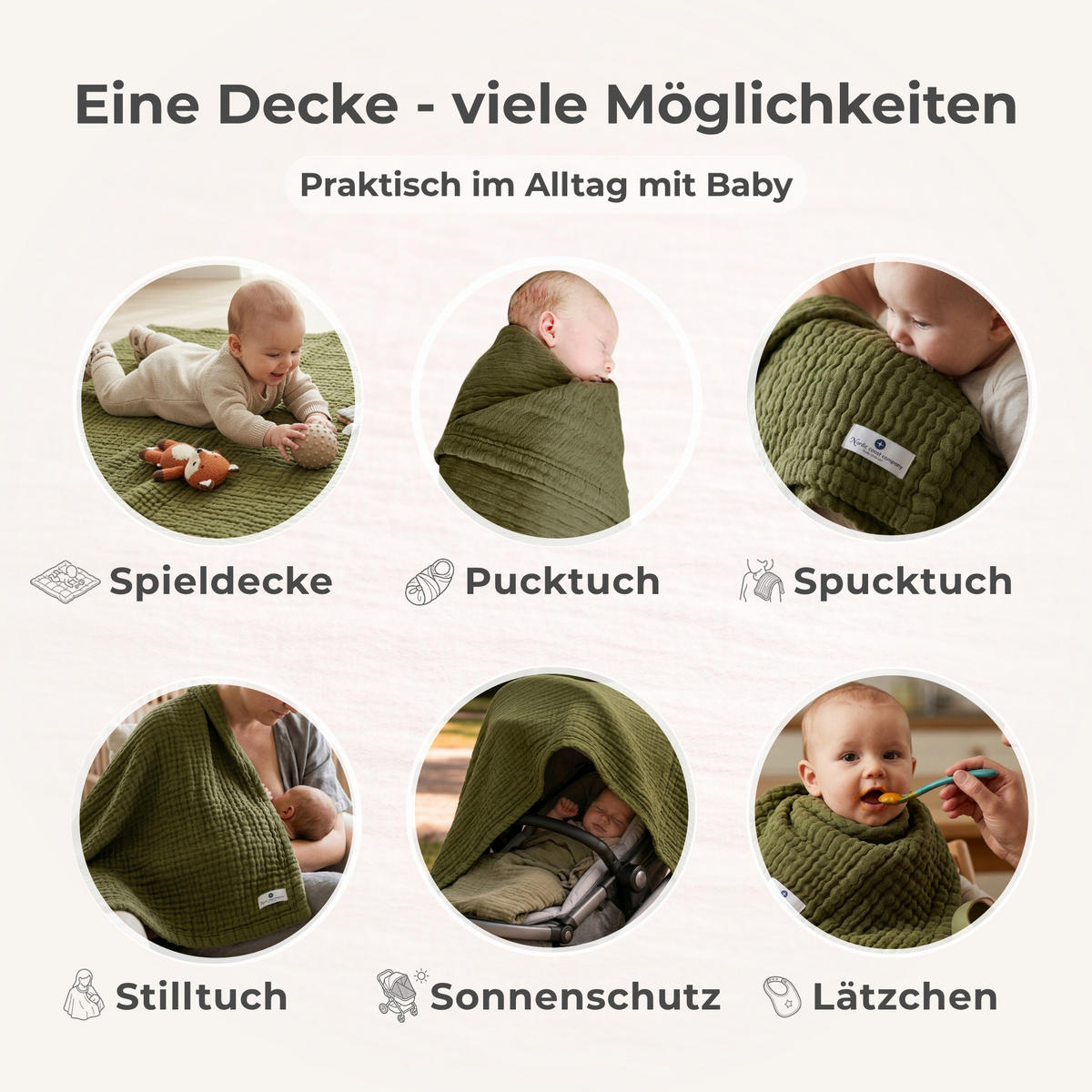 MUSSELINDECKE Babydecke Stilltuch Einschlagdecke Säuglingsdecke Mulltuch ab Geburt - Olivgrün, Textil (80/80cm) - nordic coast company