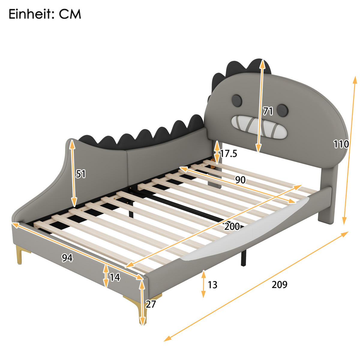 KINDERBETT 90/200 cm aus PU und MDF mit Dino-Kopfteil Grau - Grau, Kunststoff (90/200cm) - Modenvie