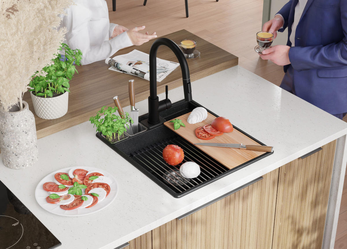 SPÜLBECKEN New York, 2-er set Anthrazit 48/53 cm 1 Becken + Ablauf-Set + Küchenzubehörset ab 50er Unterschrank - Chromfarben/Anthrazit, Kunststoff (48/20/53cm) - Primagran