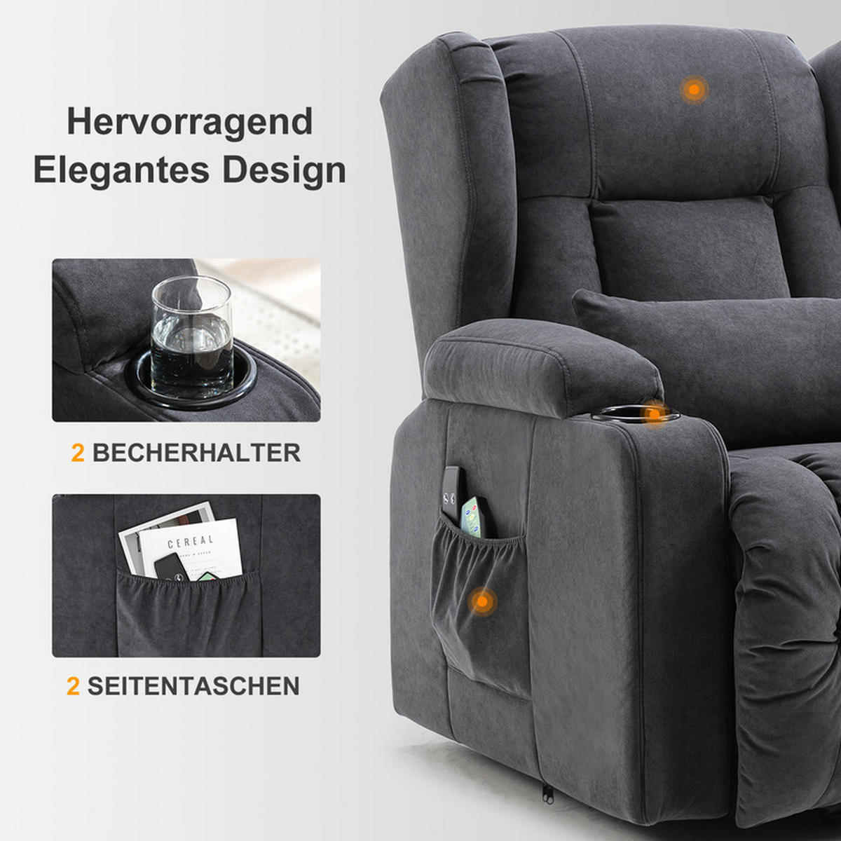 FERNSEHSESSEL mit Aufstehhilfe – elektrisch, Relaxsessel mit Massagefunktion, verstellbare Rückenlehne, Stoff - Grau, Textil (75/100/83cm) - Kaket