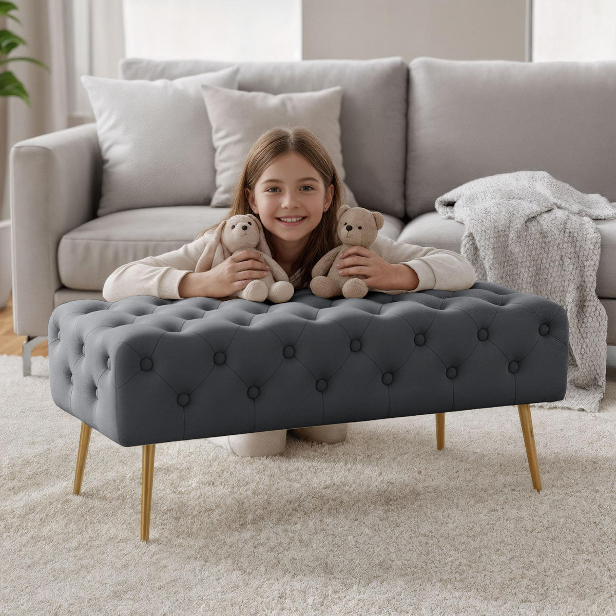 SITZHOCKER MONACO, Grau, T100xB41xH42 - Grau, Holz (41/42/100cm) - Milordbikes