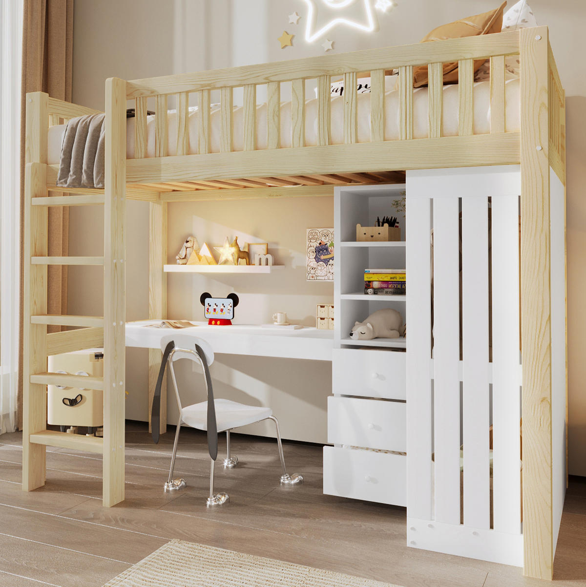 HOCHBETT aus Kiefernholz und MDF 90x200 cm Natur mit Schreibtisch, Kleiderschrank und 3 Schubladen - Naturfarben, Holzwerkstoff (90/200cm) - IVMEU