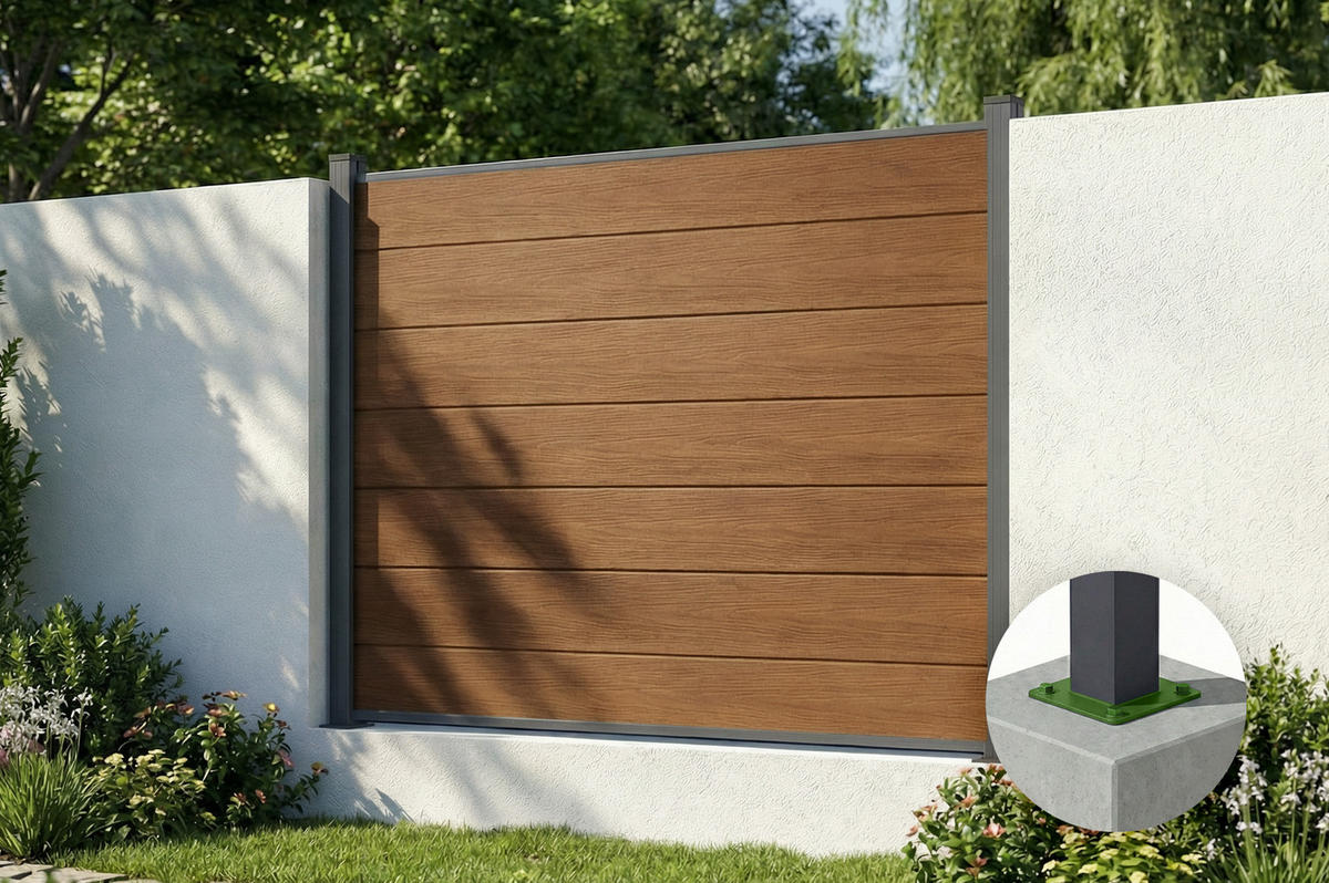 VERBUNDZAUN 2 m STOCKHORN H. 150 cm auf Teakholz-Sockel - Braun, Holzwerkstoff (200/150cm) - Casanoov