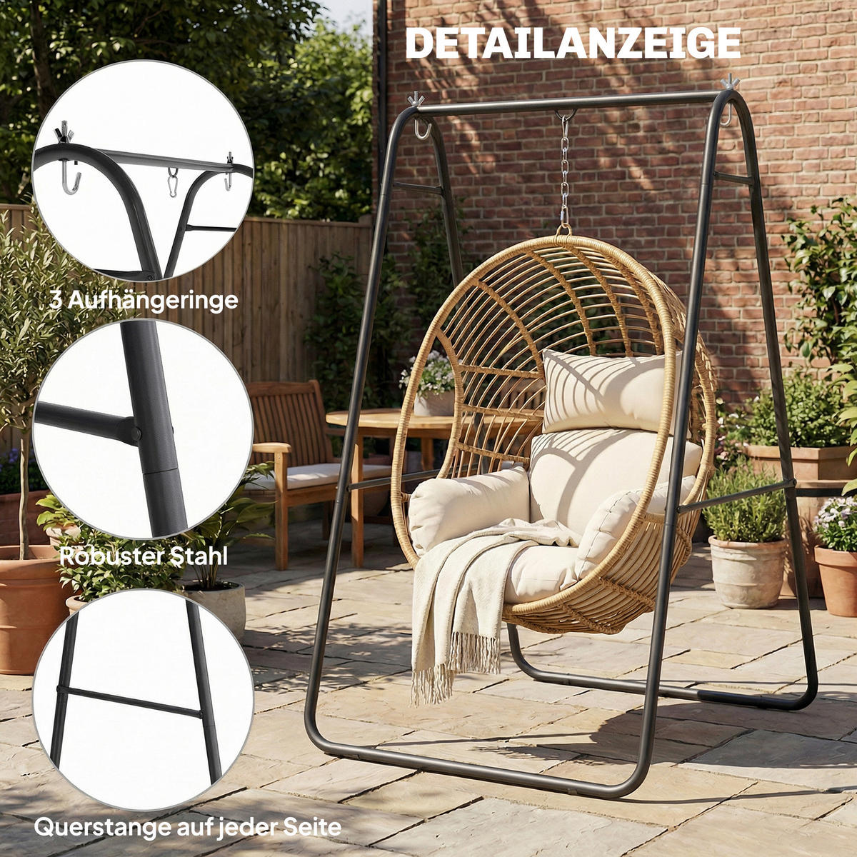 HÄNGESESSELGESTELL Stahl Schwarz - Schwarz, Metall (132/104/183cm) - Outsunny