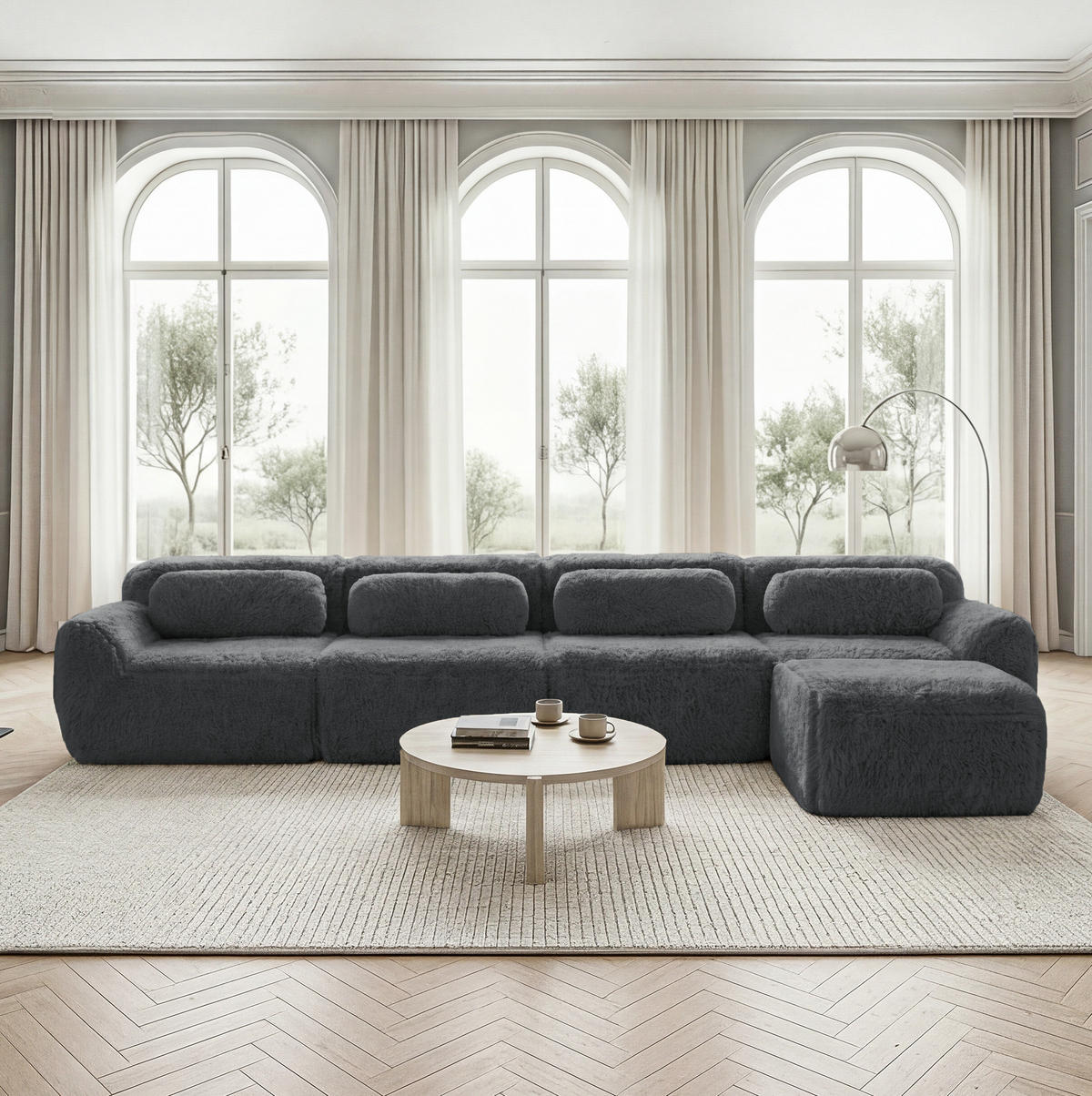 ECKSOFA aus Plüsch in Grau mit modularem Design & ohne Montage - Grau, Textil (179/73/378cm) - Modfu
