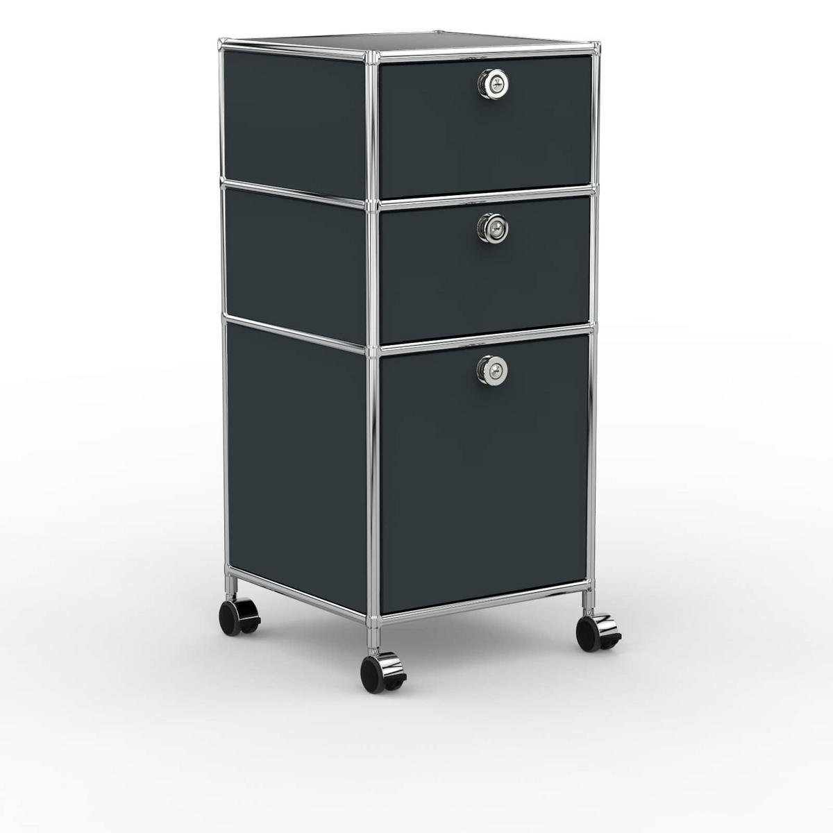 BÜRO-ROLLCONTAINER, Metall, 40 cm, 2 Schubladen + 1 hohe Schublade, Anthrazitgrau - Chromfarben/Silberfarben, Metall (40/87.9/39.7cm) - Versee