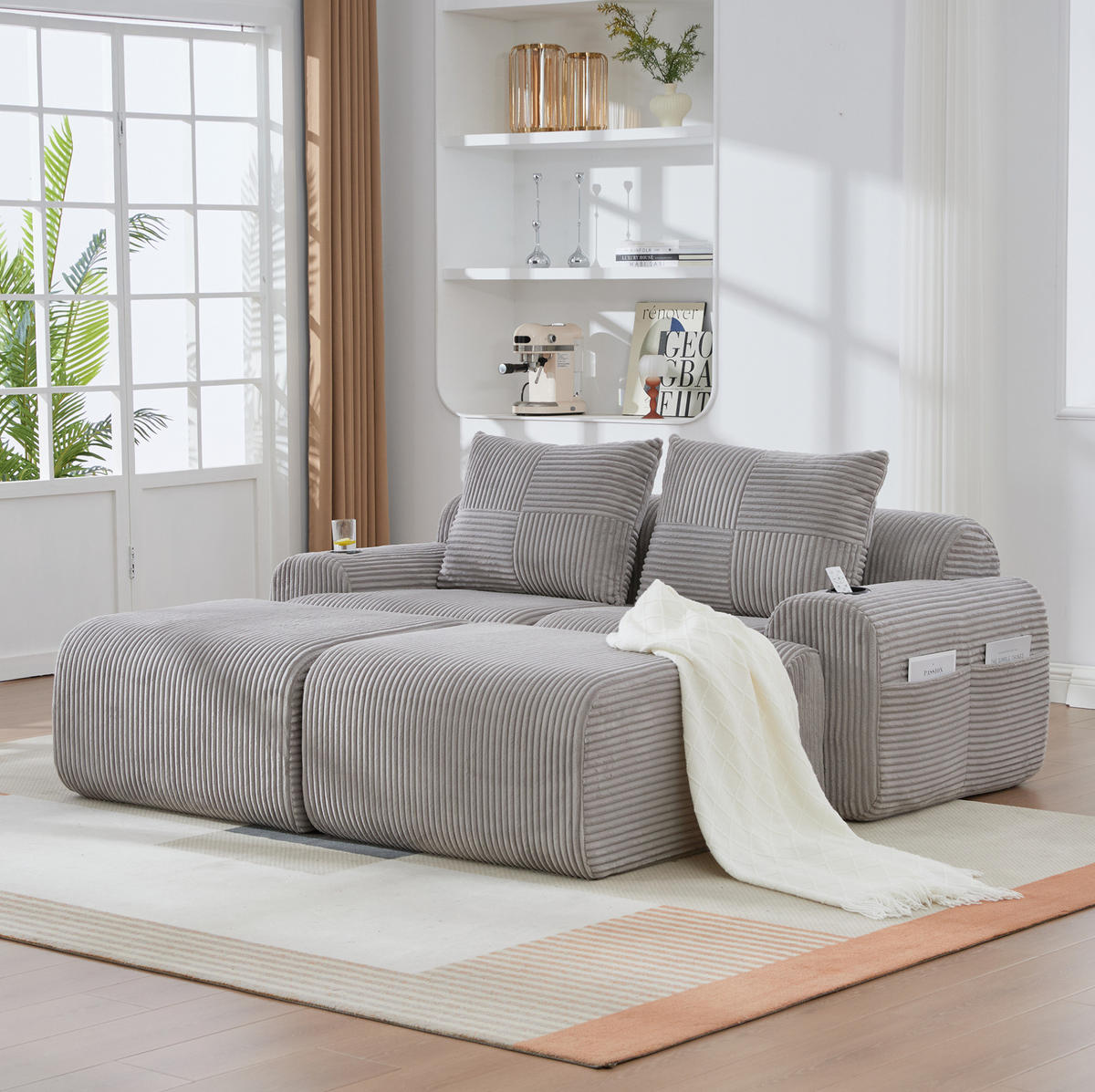 MODULARES 2-Sitzer Sofa Cord mit Getränkehalter und Seitentasche 200/174/80 cm Hellgrau - Hellgrau, Textil (174/80/200cm) - Redom