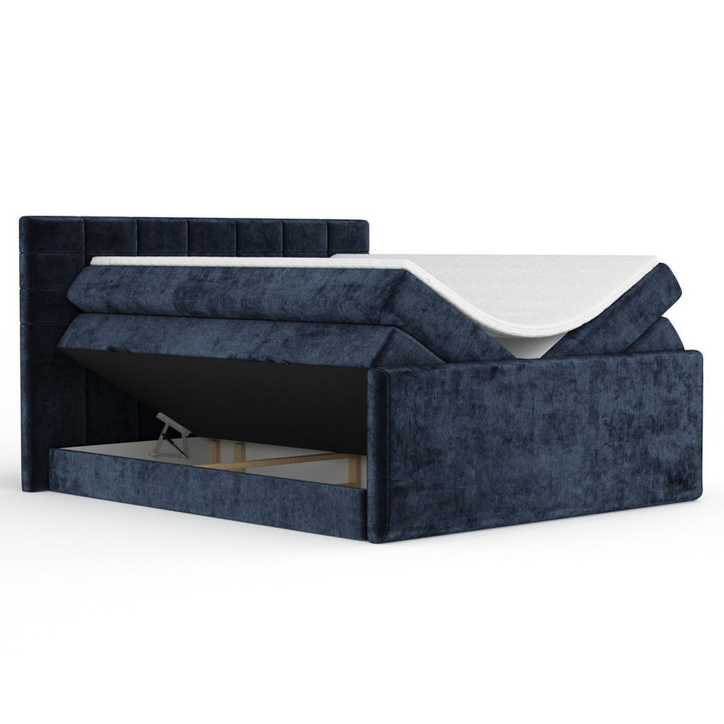 Thumbnail - Maison de Reve Boxspringbett, Dunkelblau, Textil, Buche, Kiefer, H3 + H4, 7-Zonen, Höhe ca. 40 cm, 200x200 cm, Handmade ...