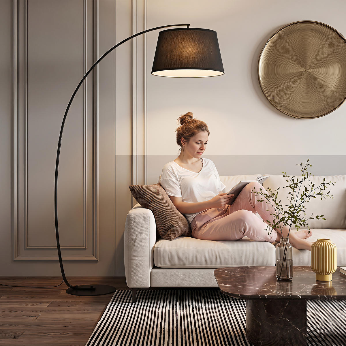 GOLVLAMPA Vardagsrumslampa med lampskärm i tyg, fotströmbrytare - Svart, Metall (105/47/190cm) - HOMCOM