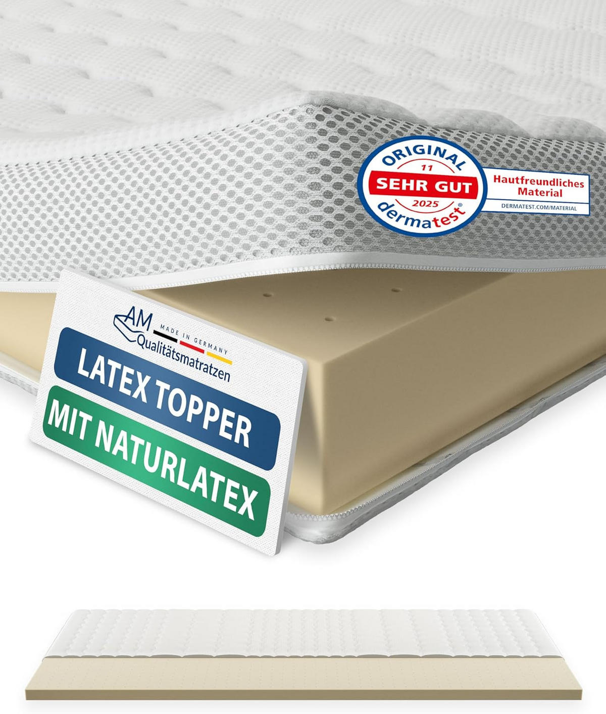 LATEXOVÝ topper 90/200 cm - výška 6 cm a potah z tencelu - bílá, textil (90/200cm) - AM Qualitätsmatratzen