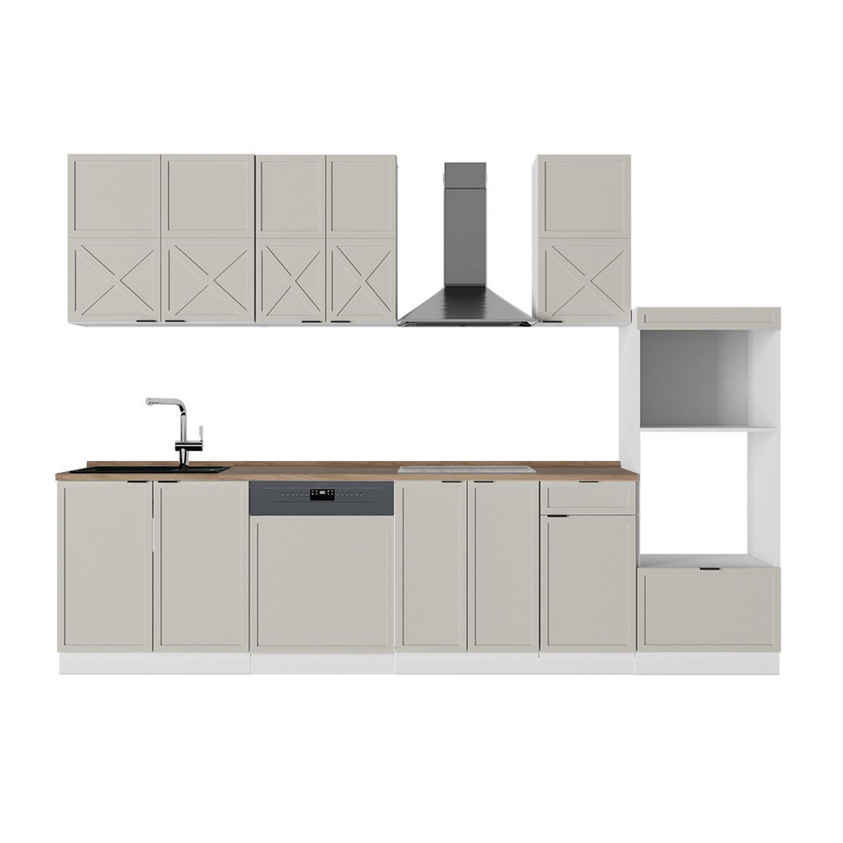 KÜCHENZEILE Fame-Line GrauBeige/Weiß 300 cm mit Hochschrank, AP Eiche - Weiß/Grau, Holzwerkstoff (300/81.6/60cm) - Vicco