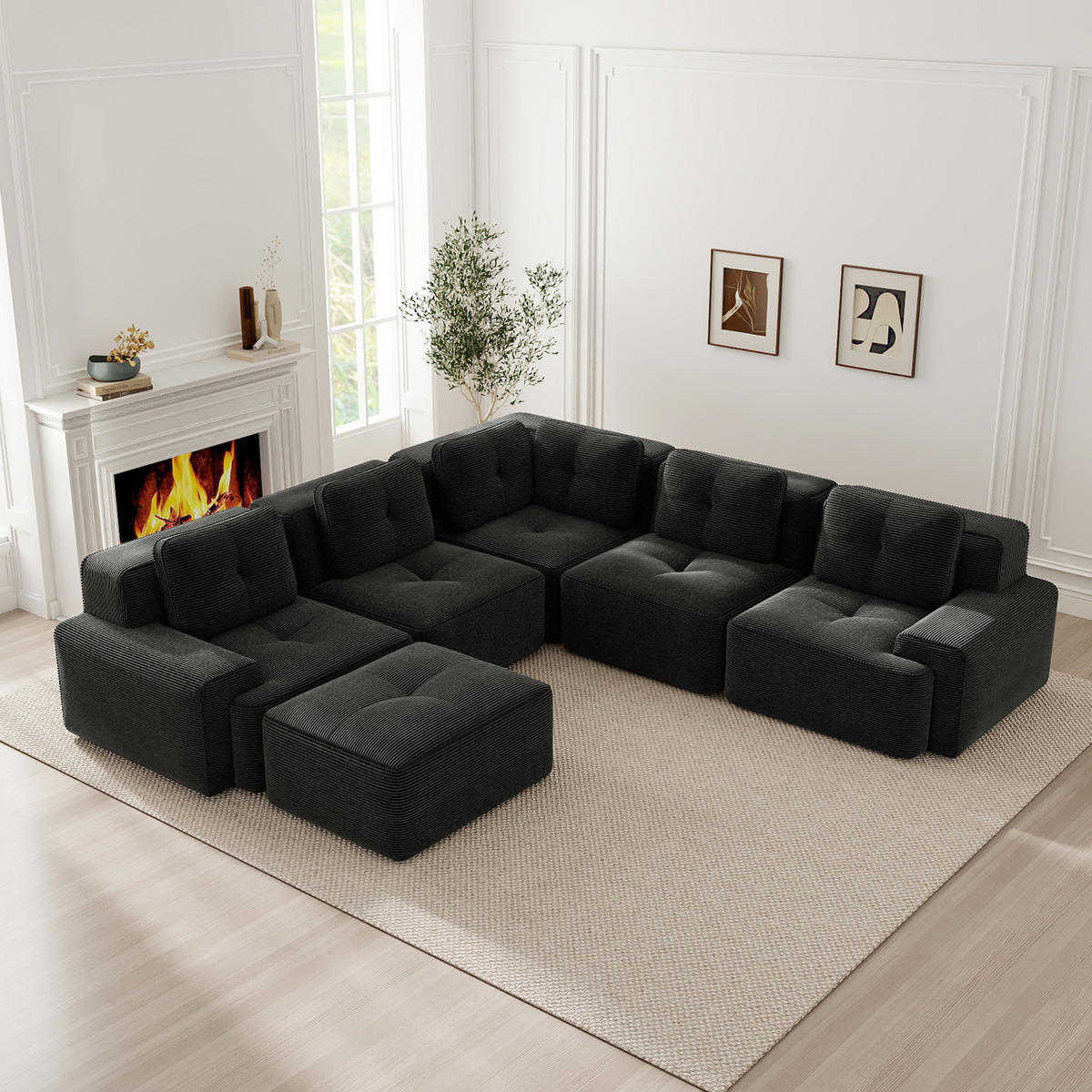 WOHNLANDSCHAFT DE-34424 mit Ottoman und Cordstoff Schwarz - Schwarz, Textil (295/69/295cm) - ComfortXL