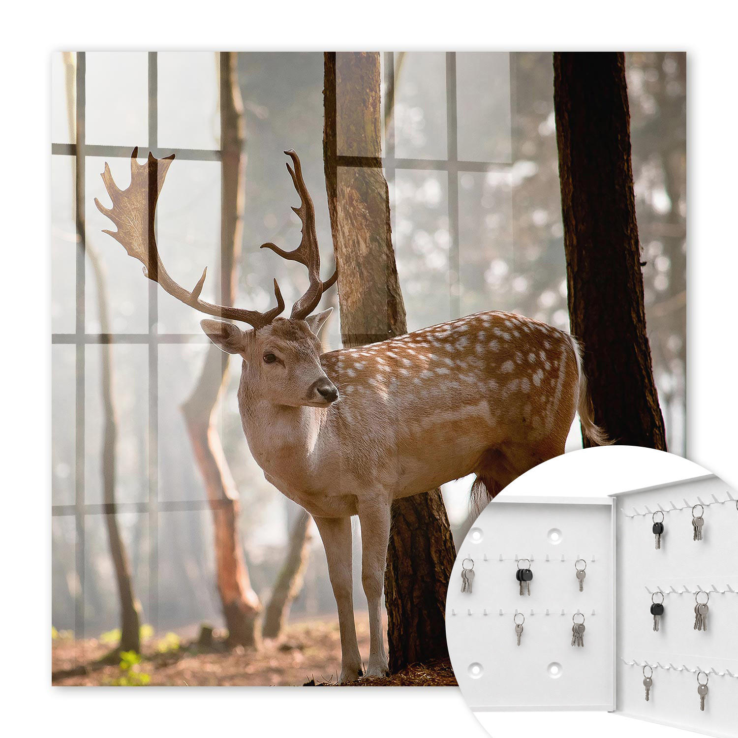 SCHLÜSSELBOX Weiß 30x30 cm – Türöffnung nach rechts - Hirsche im Wald - Braun, Metall (30/30/5cm) - TULUP