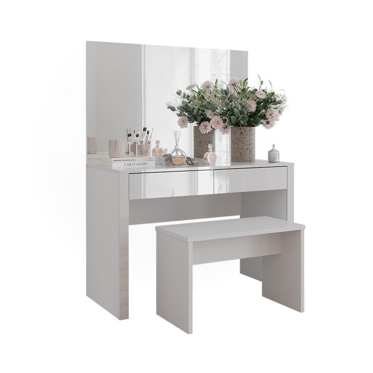 SCHMINKTISCH Annabelle Weiß Hochglanz/Weiß 110 cm mit Spiegel und Bank - Weiß Hochglanz/Weiß, Holzwerkstoff (110/75.5/50cm) - Vicco