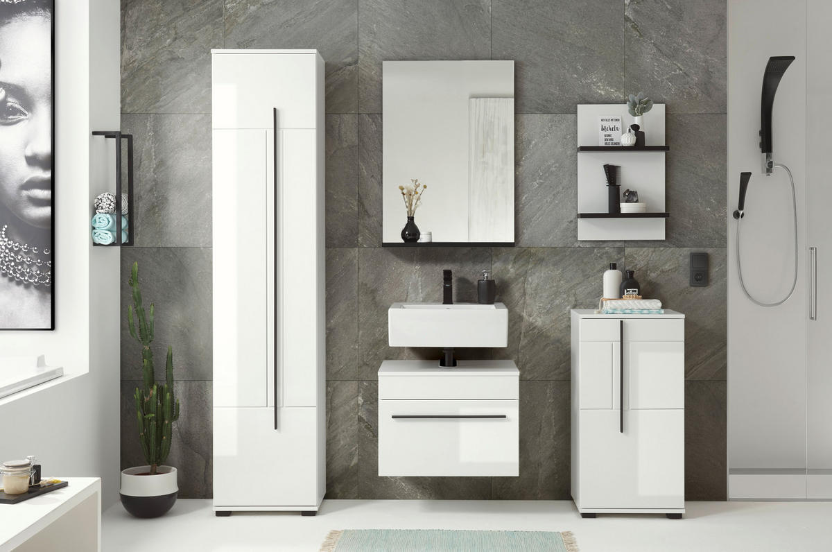 BADSCHRANK M12 Weiß Hochglanz 45/200/35 cm hoch links - Weiß Hochglanz, Holzwerkstoff (45/200/35cm) - Livojo