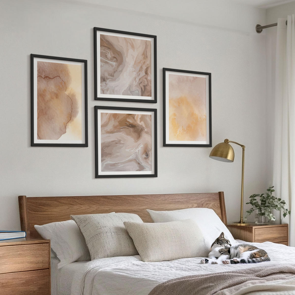 BILDER SET 4er Set - 50x50 cm & 40x60 cm Schwarzer Rahmen - Warme Aquarellfarben auf Leinwand - Schwarz, Kunststoff (50/50cm) - TULUP