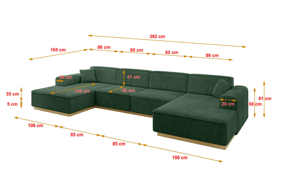 WOHNLANDSCHAFT IREA-U2-v2 - 382x165x81 cm Grün - Grün, Holzwerkstoff/Textil (382/81/165cm) - ALTDECOR