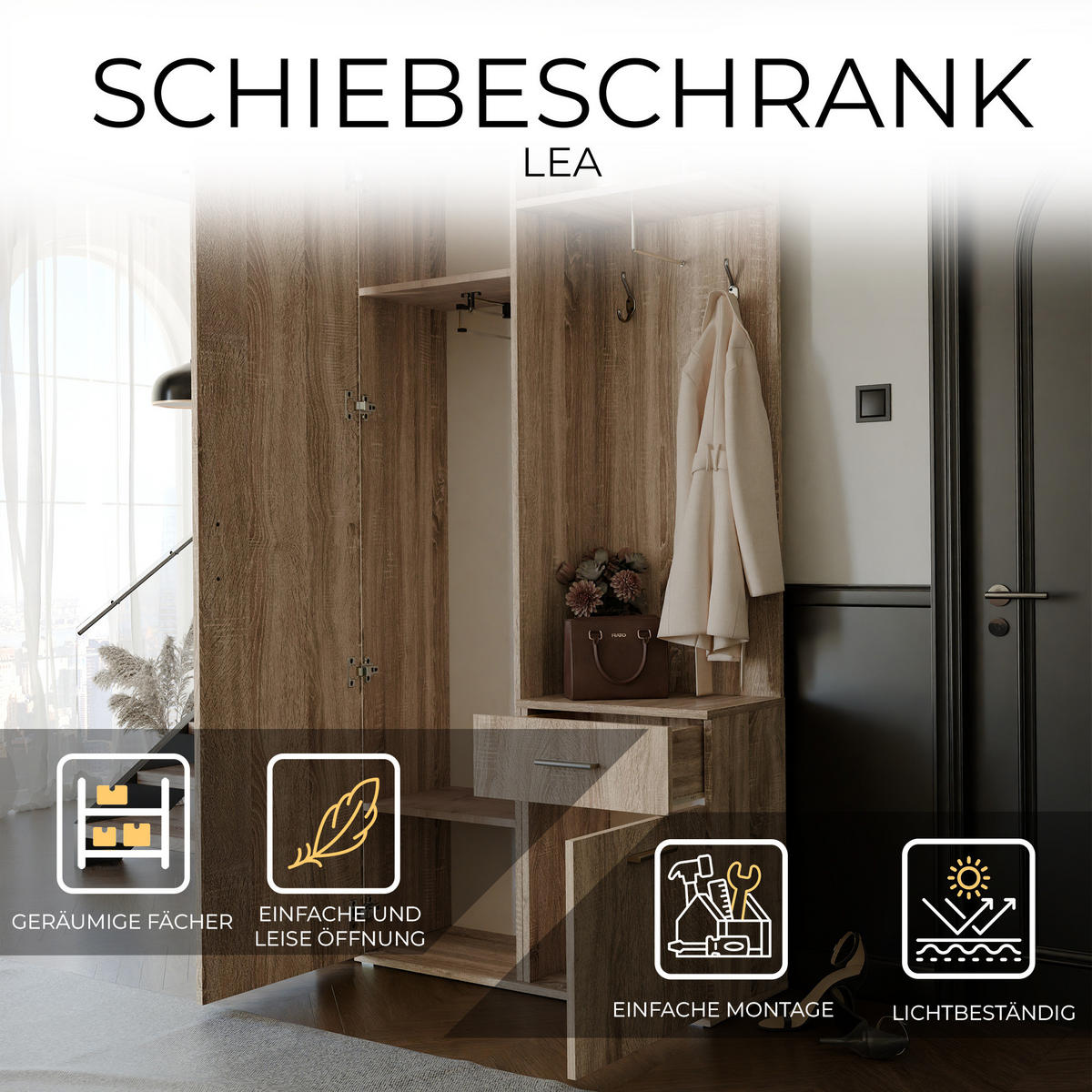 GARDEROBENSCHRANK mit Spiegel-mit Ablagen und Kleiderstange - Graubraun/Braun, Holzwerkstoff (97/195/30cm) - Idohome