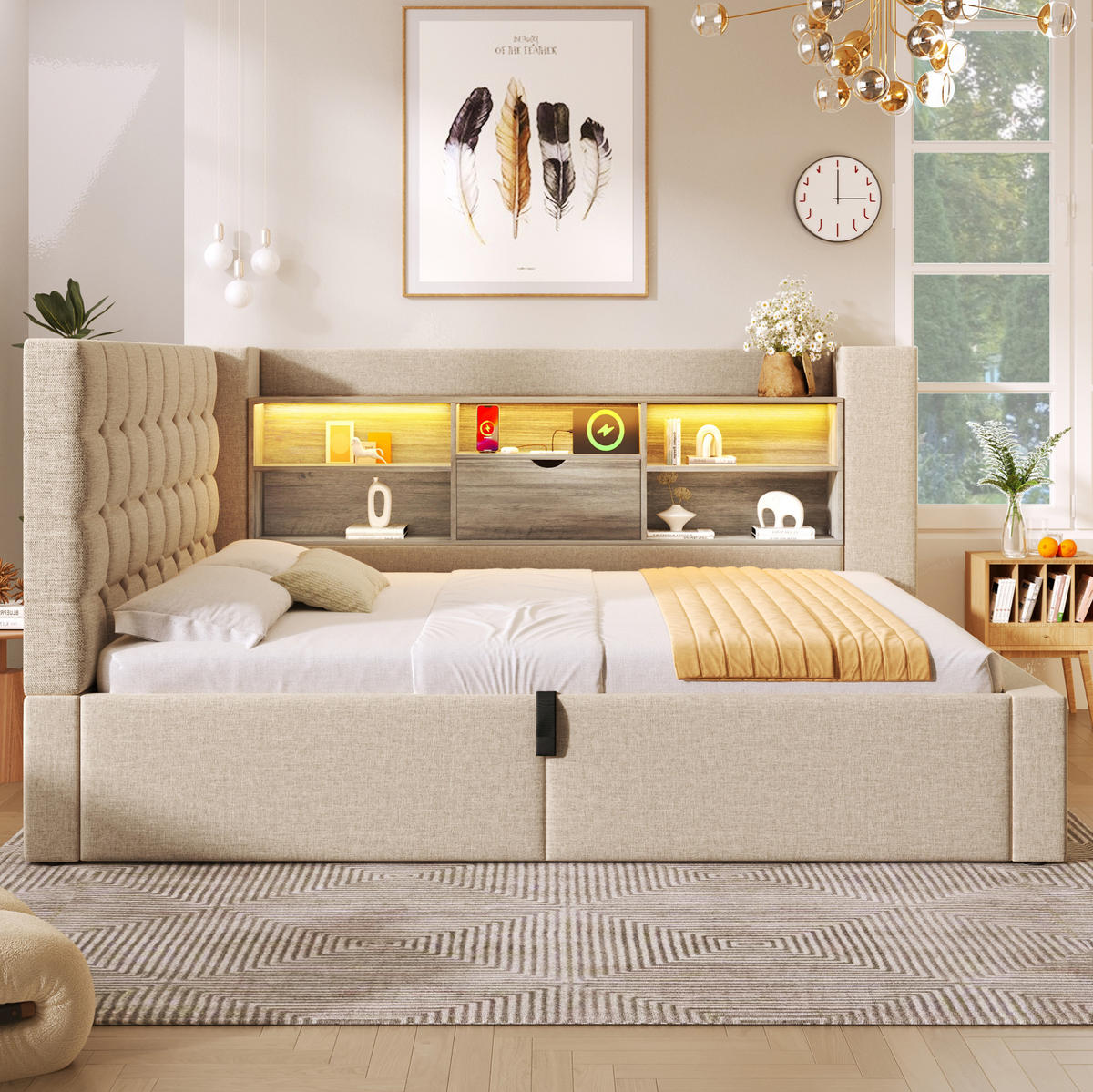 POLSTERBETT mit Stauraum 140x190 cm Beige mit LED und Ladeanschlüssen - Beige, Metall (140/190cm) - Meubliv