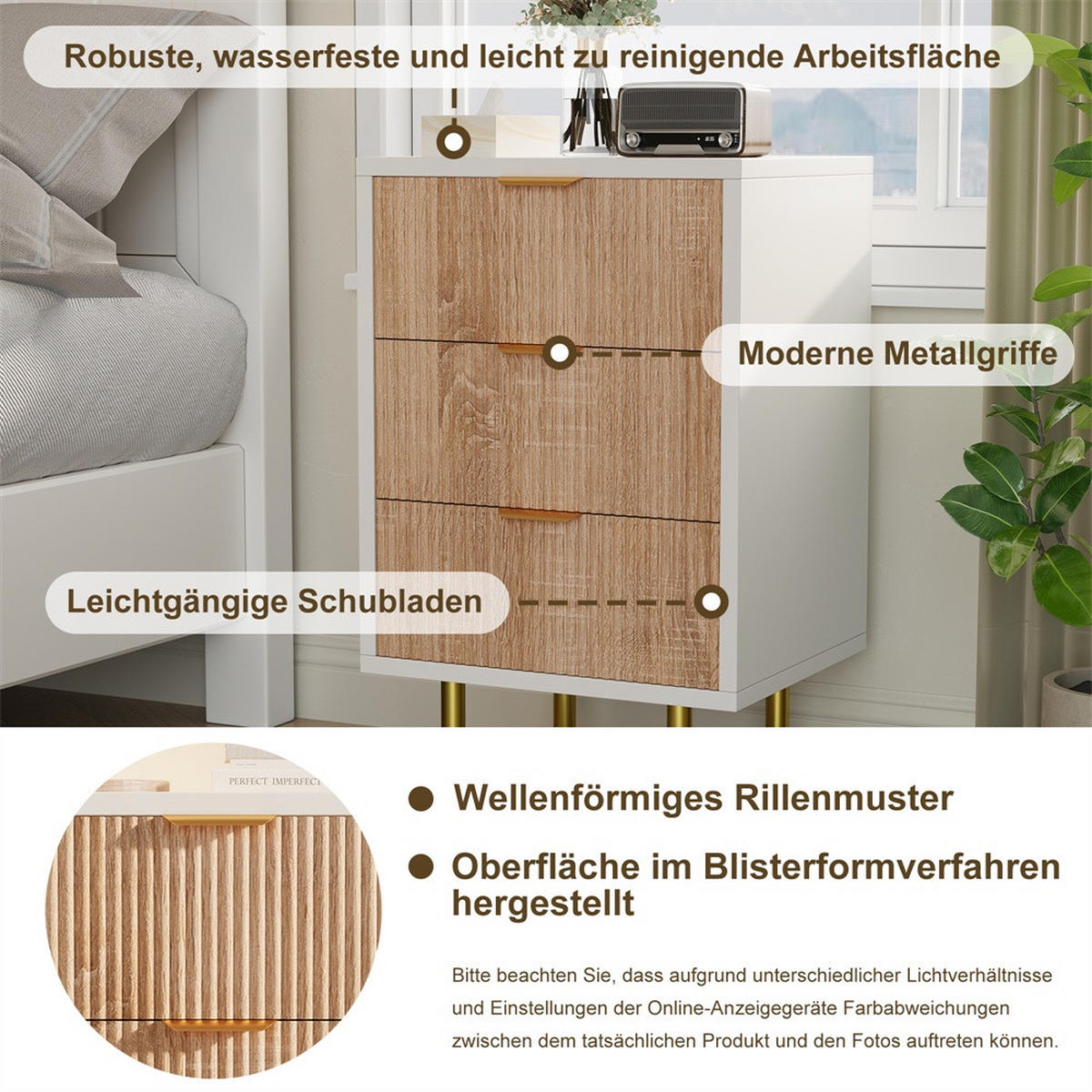 NACHTTISCH mit 3 Schubladen - Metallgriffe und Metallbeine -Rillendesign & Goldene Akzente - Weiß & Naturholz - Naturfarben, Holzwerkstoff (40/65/40cm) - DELFA