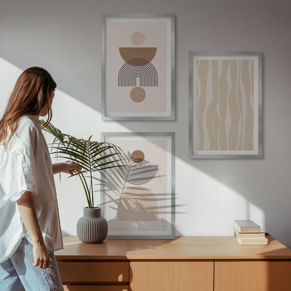 BILDER SET 3er Set - 40x60 cm Silberner Rahmen - Abstrakte Formen braun beige - Silberfarben, Kunststoff (40/60cm) - TULUP