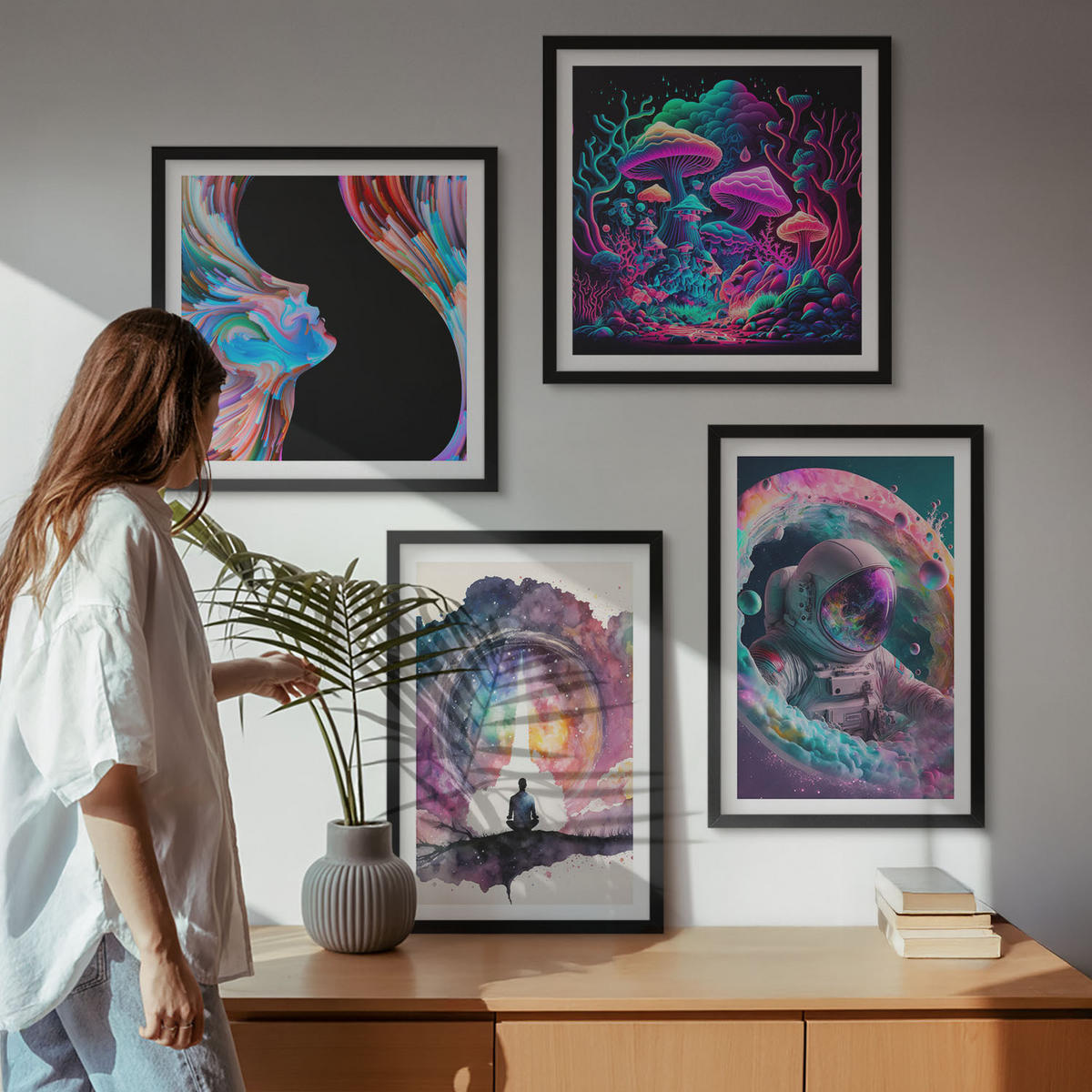 BILDER SET 4er Set - 50x50 cm & 40x60 cm Schwarzer Rahmen - Farbenfrohe Fantasy-Kunstillustrationen - Schwarz, Kunststoff (50/50cm) - TULUP