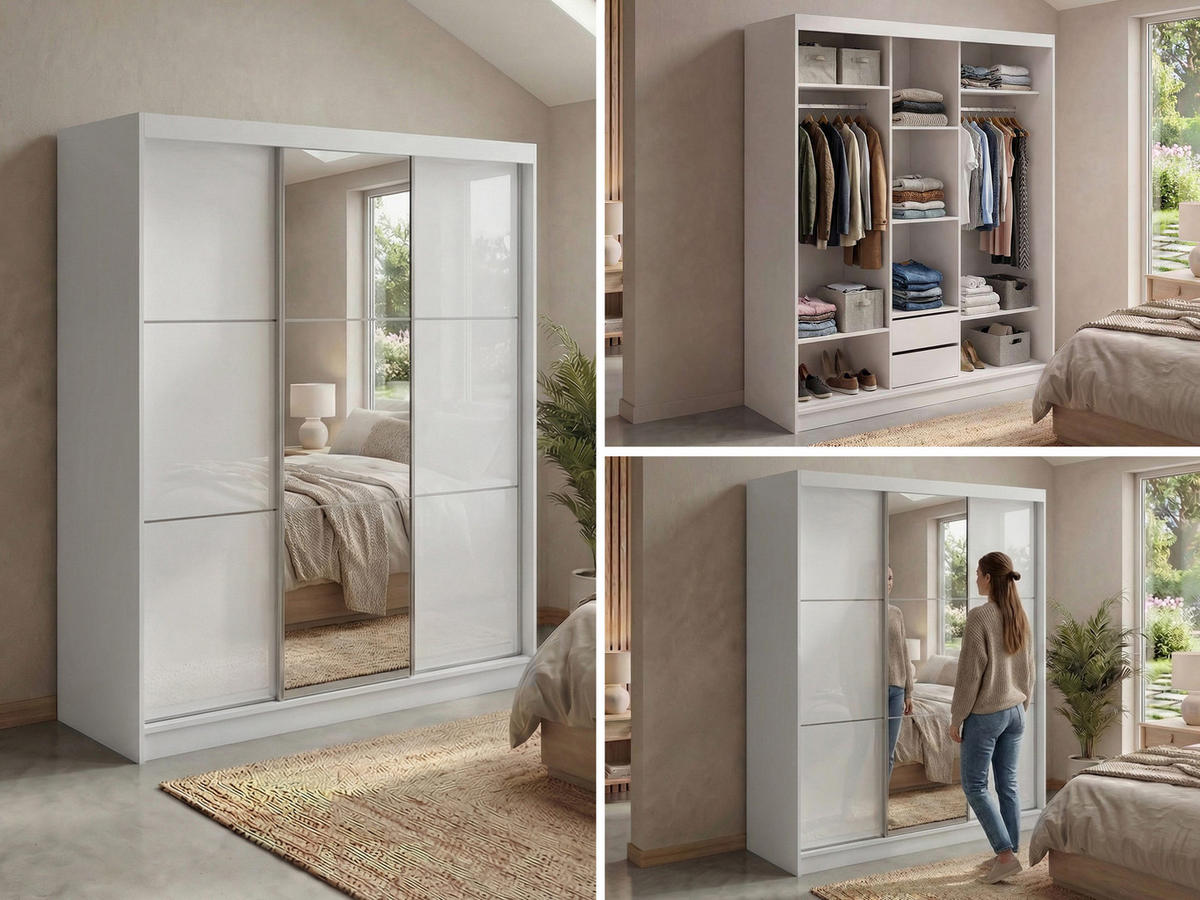 SCHWEBETÜRENSCHRANK mit Spiegel und Schubladen - WALENCJA - 180 - Weiß lacobel - Alufarben/Weiß, Holzwerkstoff/Metall (180/216/61cm) - MKS
