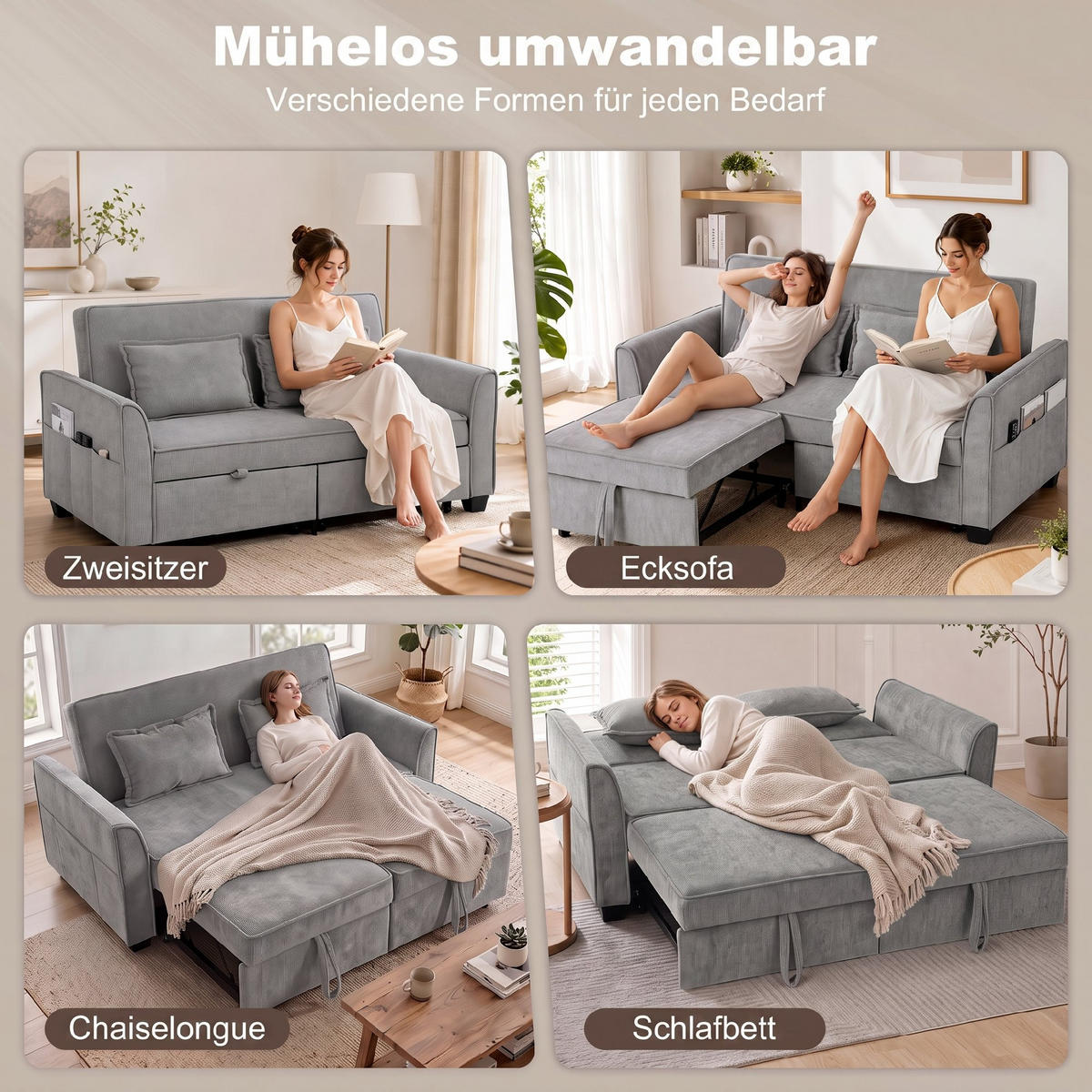 BÄDDSOFFA i polyester, grå - Grå, Textil/Plast (89/85/167cm) - HOMCOM