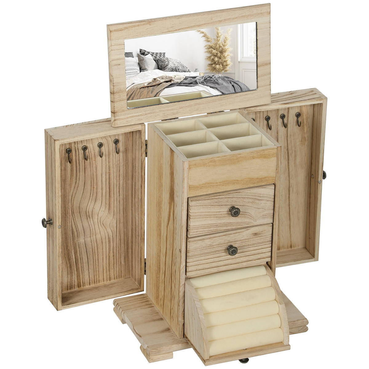 SCHMUCKKÄSTCHEN Schmuckschatulle mit Spiegel, Schubladen, seitlichen Klapptüren - Naturfarben, Holz (16/33.5/26.5cm) - HOMCOM