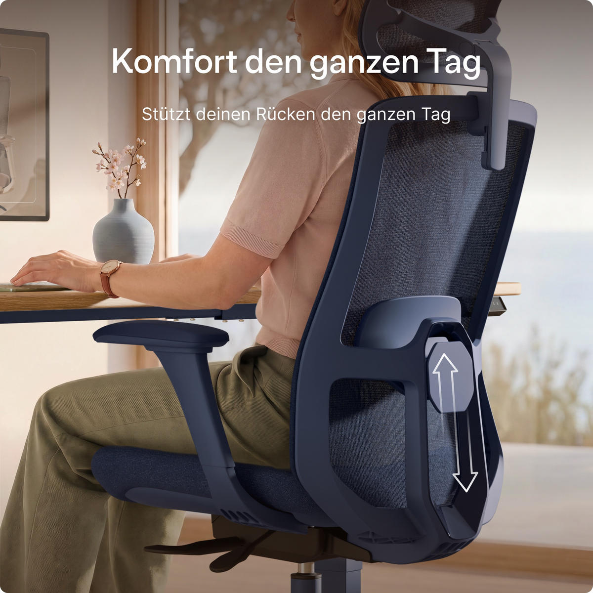 BÜROSTUHL Verstellbarer Ergonomischer SitOne Blau 4-Dimensional Armlehne, Integrierte 4-Wege-Lendenwirbelstütze - Blau, Kunststoff (60/125/68cm) - Desktronic