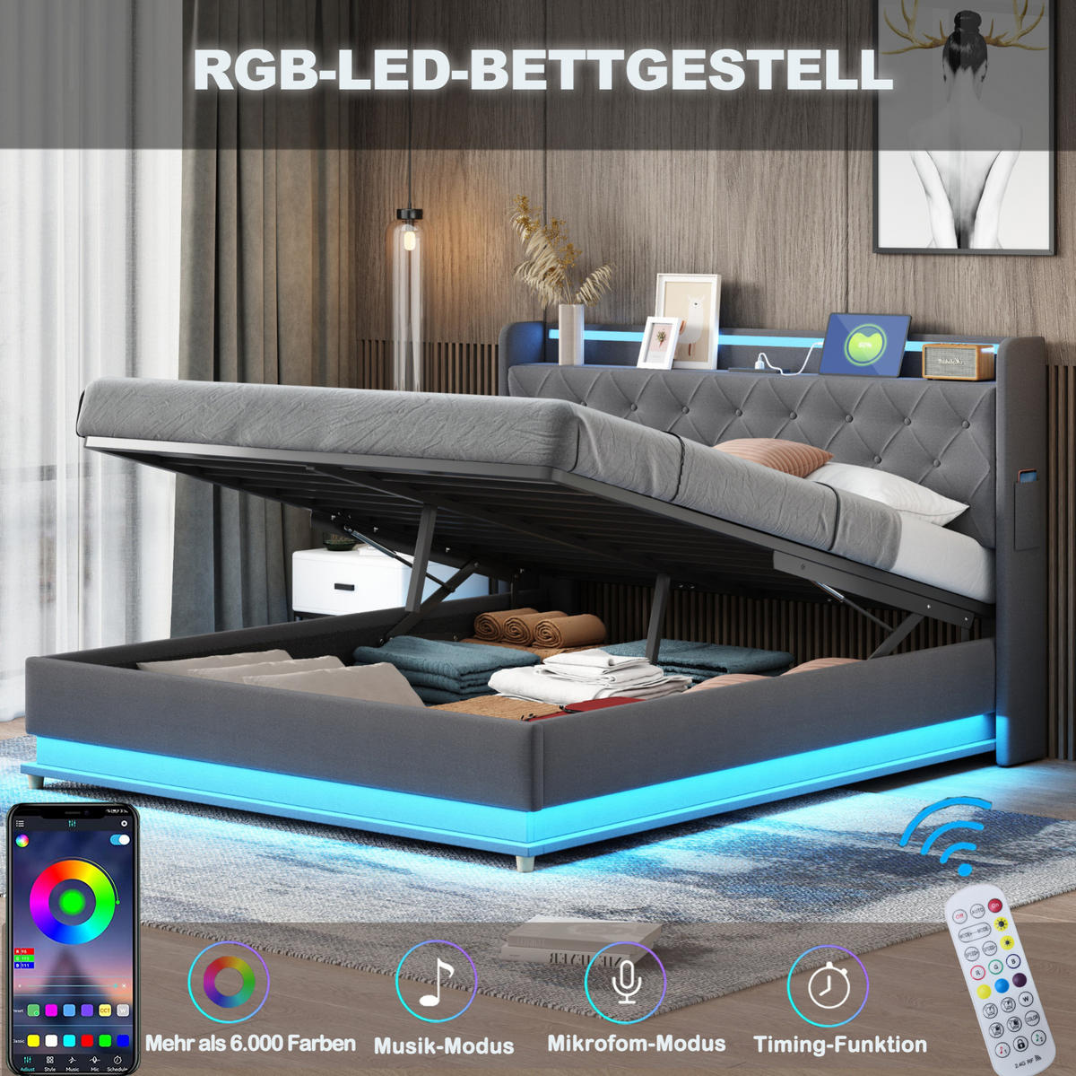 POLSTERBETT 140/200 cm Grau aus Stoff mit LED-Beleuchtung und Bettkasten - Grau, Textil (140/200cm) - OKMYHOME