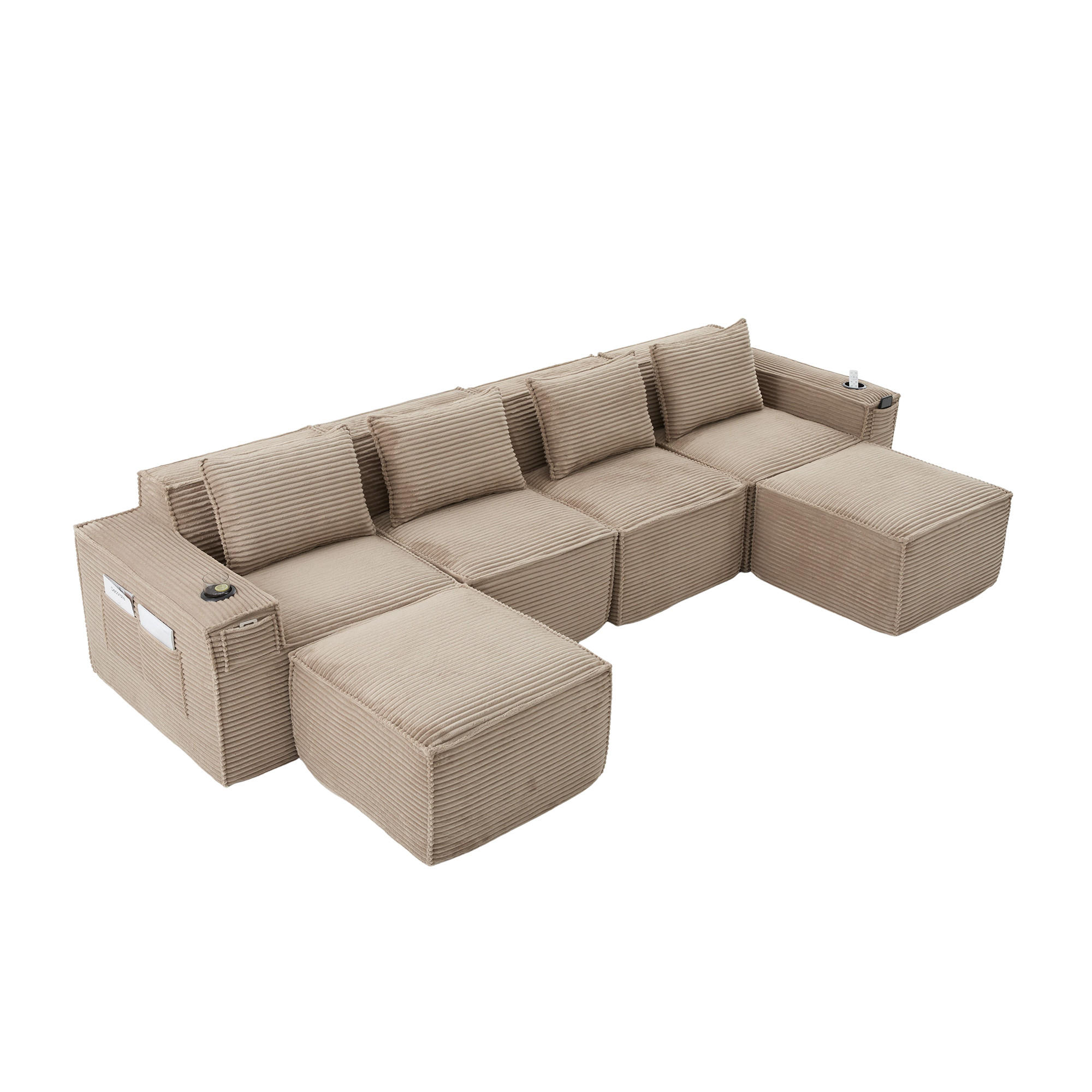 WOHNLANDSCHAFT 330/162/75 cm Khaki mit 2 Fußhocker, Getränkehalter und Seitentaschen - Sandfarben, Textil (330/75/162cm) - Oxeza