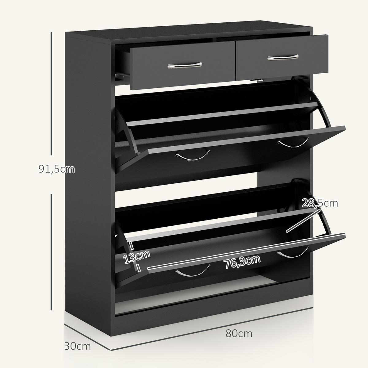 SCHUHSCHRANK Schwarz Holzwerkstoff mit Fächern und Schubladen 1 Stück - Schwarz, Holzwerkstoff (80/91.5/30cm) - PANGIVO