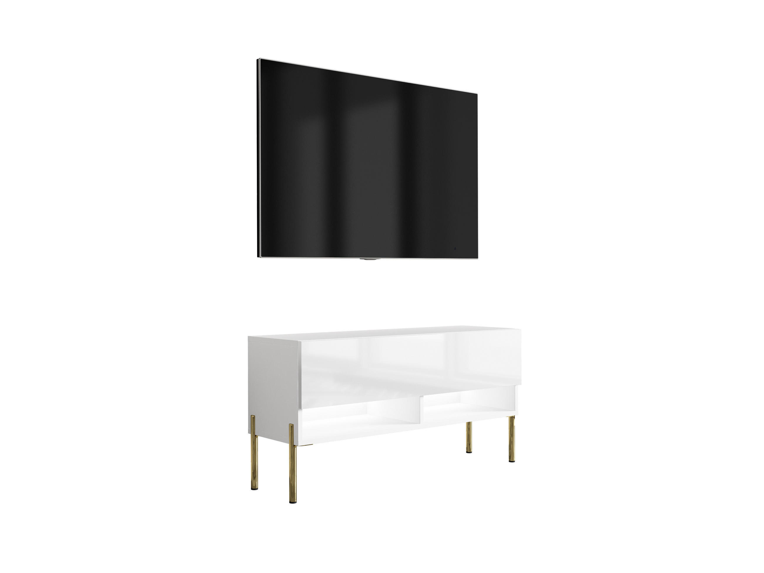 TV-LOWBOARD 100 cm Mattweiß / Hochglanzweiß, gerade goldene Beine, weiße LED, 100 × 32 × 52 cm - Weiß, Holzwerkstoff (100/52/32cm) - 3XE LIVING